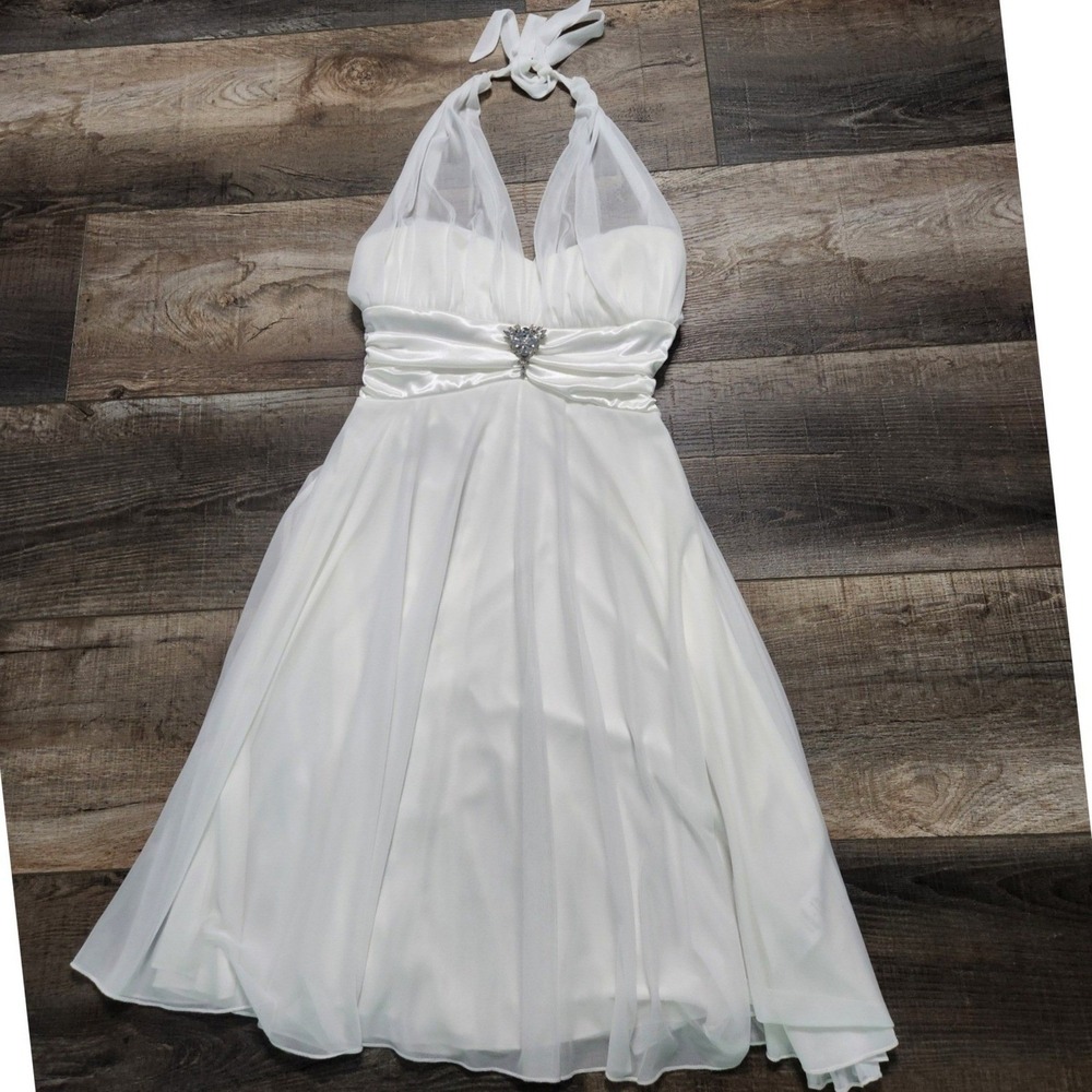 db studio Ethereal Romantic Dress Womens 4 White Halter Rhinestone Chiffon Bride